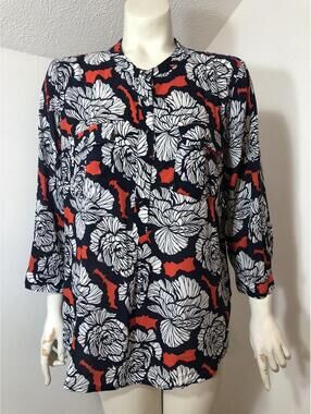 New Stylus Apparel Womens Large Popover Top Red White Blue Floral 3/4 Sleeves